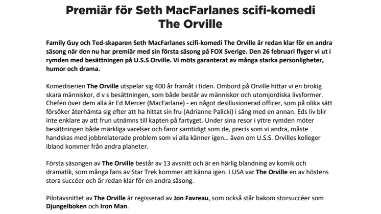 Premiär för Seth MacFarlanes scifi-komedi The Orville