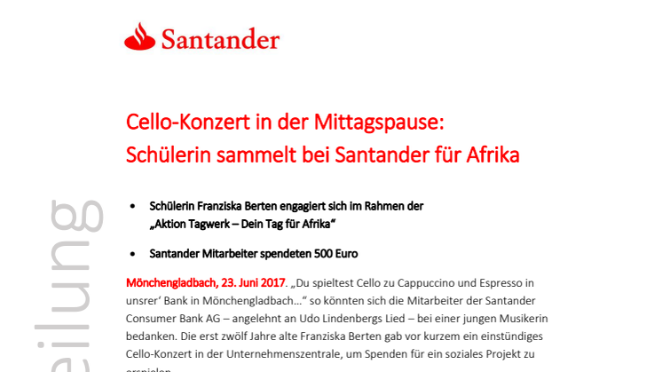 Cello-Konzert in der Mittagspause: Schülerin sammelt bei Santander für Afrika