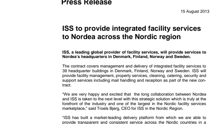 ISS to provide integrated facility services to Nordea across the Nordic region