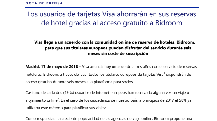 Los usuarios de tarjetas Visa ahorrarán en sus reservas de hotel gracias al acceso gratuito a Bidroom