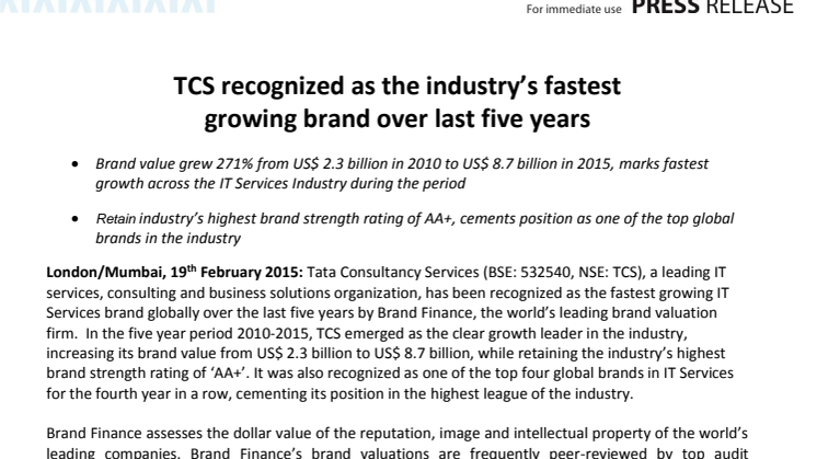 ​Tata Consultancy Services erkänns som IT-branschens snabbast växande varumärke de senaste fem åren