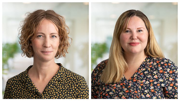 Evelina Enochsson (vänster), verksamhetsområdeschef för NollCO2 och Green Building; Carolina Larsson (höger), verksamhetsområdeschef för Miljöbyggnad och Miljöbyggnad iDrift 