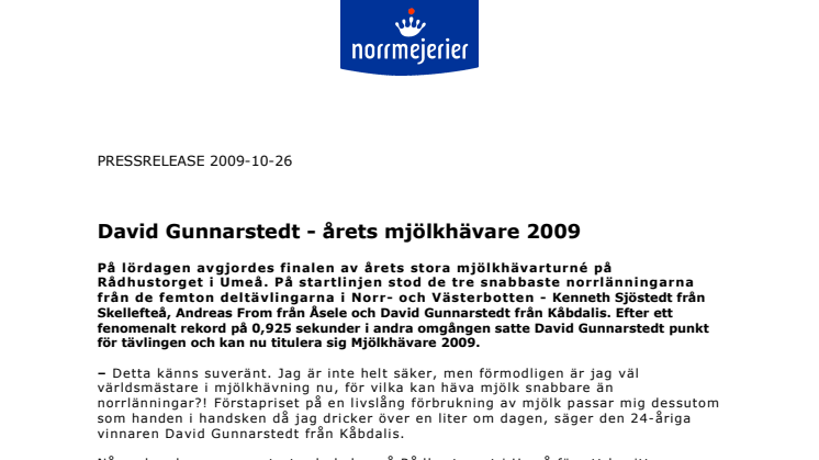 David Gunnarstedt - årets mjölkhävare 2009