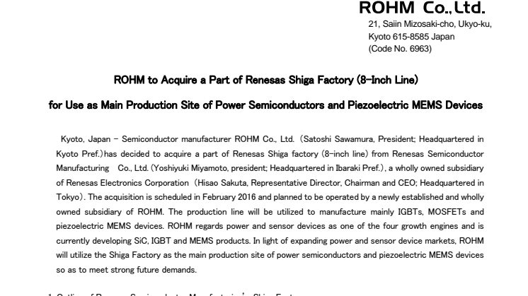 ROHM to Acquire a Part of Renesas Shiga Factory (8-Inch Line)  for Use as Main Production Site of Power Semiconductors and Piezoelectric MEMS Devices