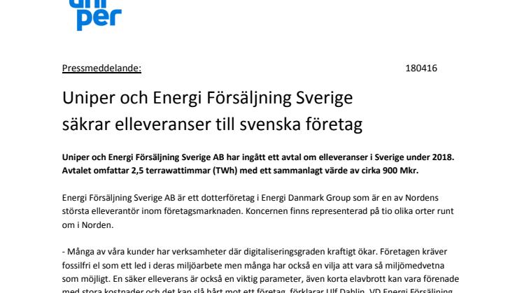 Uniper och Energi Försäljning Sverige säkrar elleveranser till svenska företag 