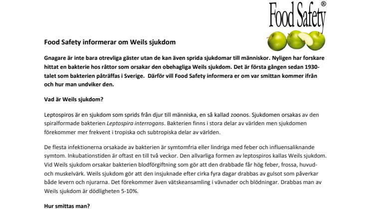 Food Safety informerar om Weils sjukdom