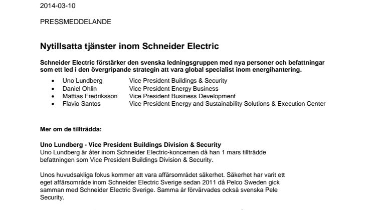 Nytillsatta tjänster inom Schneider Electric