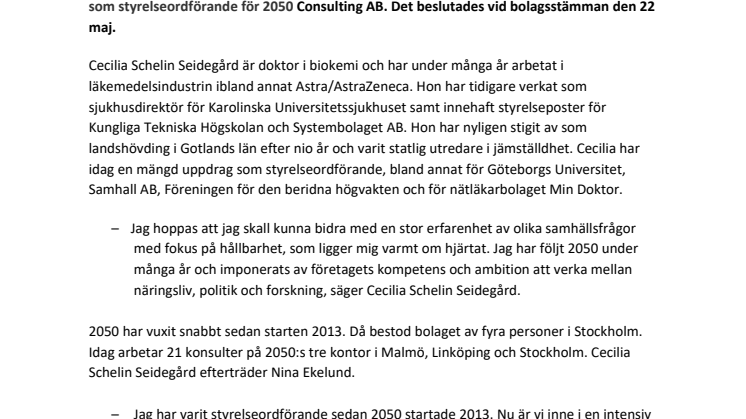 Cecilia Schelin Seidegård ny styrelseordförande för 2050 Consulting AB