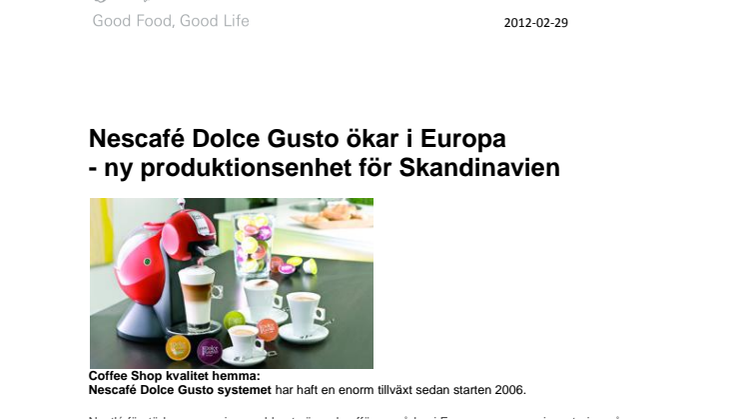 Nescafé Dolce Gusto ökar i Europa - ny produktionsenhet för Skandinavien