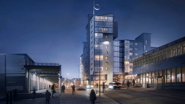 Landmärket ska placeras 54 meter upp i luften på det nya bostadshuset Kronhöjdens tak. Skulpturen kommer att belysas från tre håll med färgat ljus som skiftar i olika nyanser. Belysningen tänds i höst. Illustration: Abako Arkitektkontor