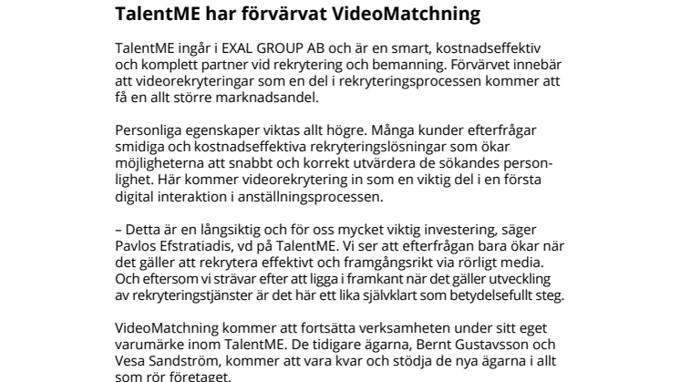 TalentME har förvärvat VideoMatchning