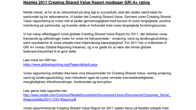 Nestlés 2011 Creating Shared Value Report modtager GRI A+ rating