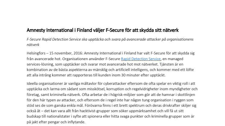 Amnesty International i Finland väljer F-Secure för att skydda sitt nätverk