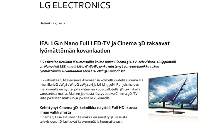 IFA: LG:n Nano Full LED-TV ja Cinema 3D takaavat lyömättömän kuvanlaadun