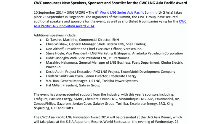 CWC announces New Speakers, Sponsors and Shortlist for the CWC LNG Asia Pacific Award 