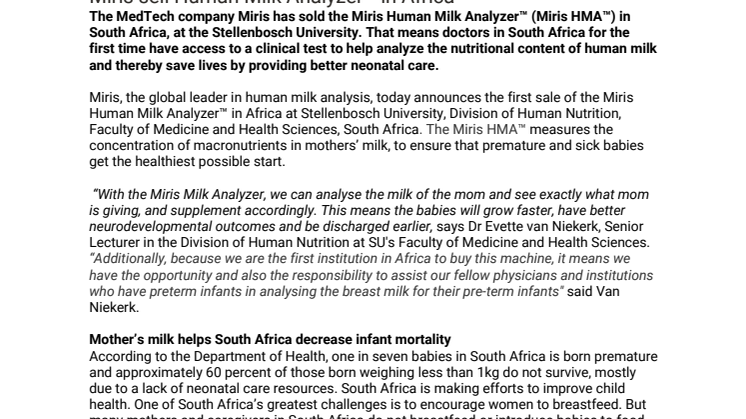 Miris sell Human Milk Analyzer™ in Africa