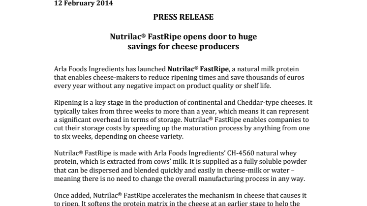 Nutrilac® FastRipe opens door to huge savings for cheese producers