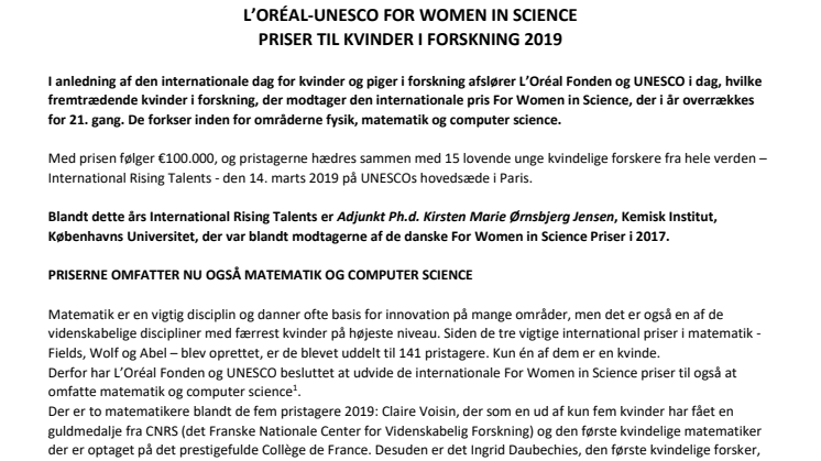 De får L'ORÉAL-UNESCO For Women in Science Priserne 2019