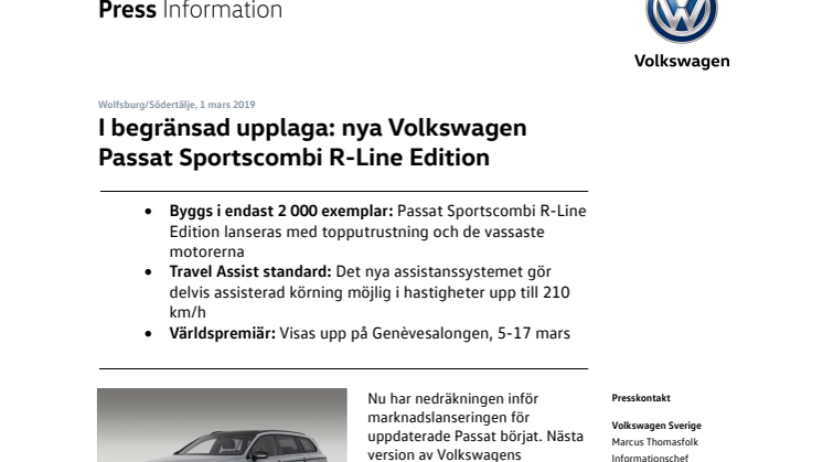 I begränsad upplaga: nya Volkswagen Passat Sportscombi R-Line Edition