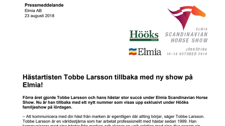 Hästartisten Tobbe Larsson tillbaka med ny show på Elmia !