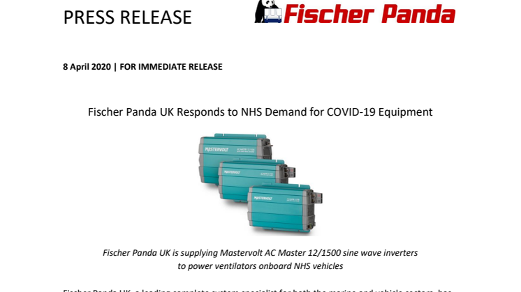 Fischer Panda UK Responds to NHS Demand for COVID-19 Equipment