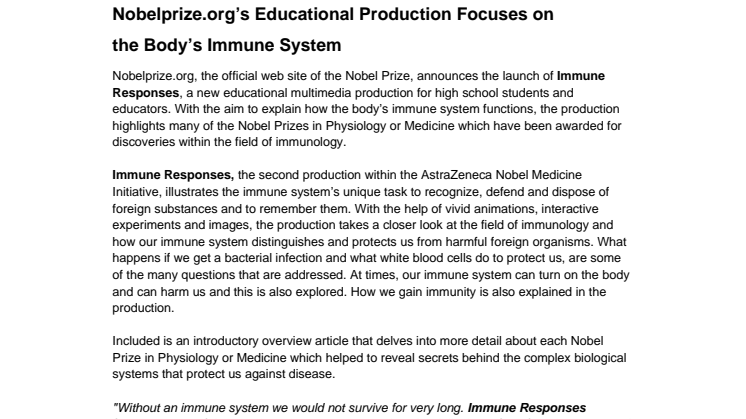 Nobelprize.org’s Educational Production Focuses on  the Body’s Immune System