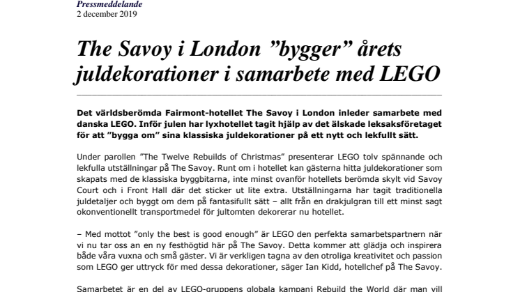 The Savoy i London ”bygger” årets juldekorationer i samarbete med LEGO