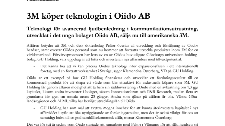 3M köper teknologin i Oiido AB