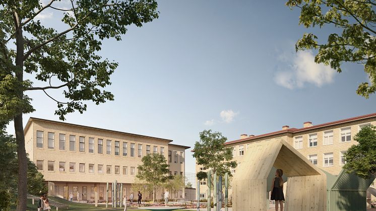Den nya skolbyggnaden kommer att innehålla ny matsal, storkök och specialsalar. Illustrationsbild: Krook & Tjäder. 