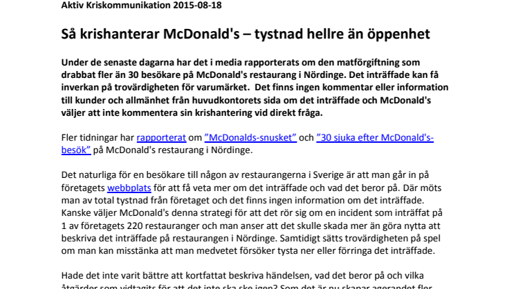 Så krishanterar McDonald's – tystnad hellre än öppenhet