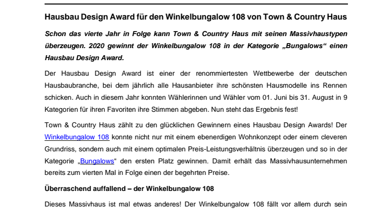 Hausbau Design Award für den Winkelbungalow 108 von Town & Country Haus