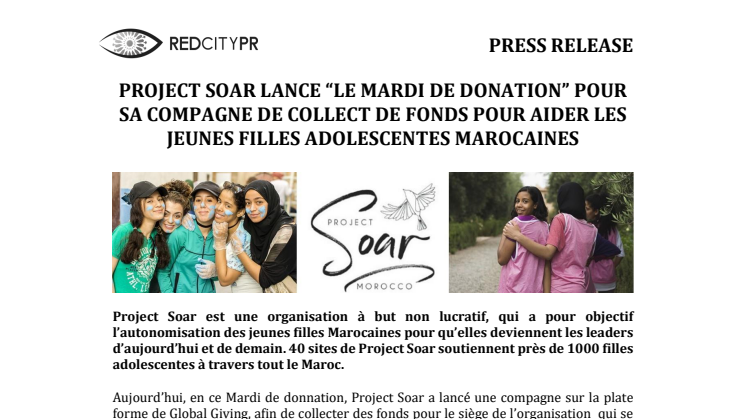 PROJECT SOAR LANCE “LE MARDI DE DONATION” POUR SA COMPAGNE DE COLLECT DE FONDS POUR AIDER LES JEUNES FILLES ADOLESCENTES MAROCAINES
