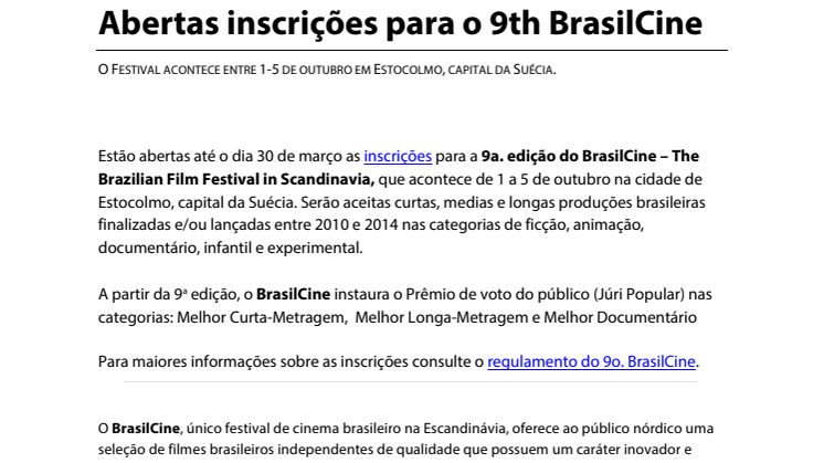 Abertas inscrições para a 9a. edição do BrasilCine
