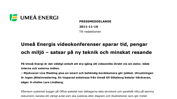 Umeå Energis videokonferenser sparar tid, pengar och miljö – satsar på ny teknik och minskat resande