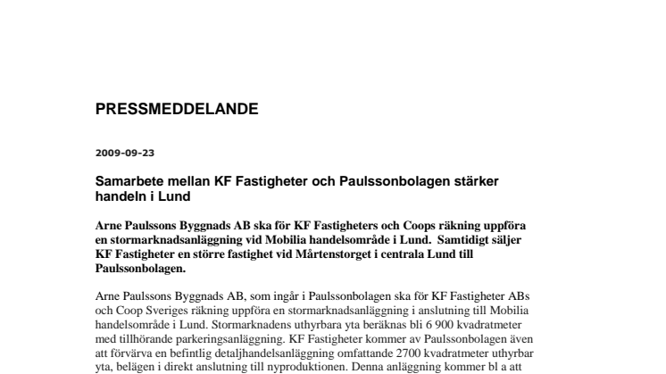 Samarbete mellan KF Fastigheter och Paulssonbolagen stärker handeln i Lund