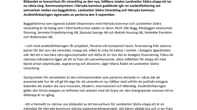 Avsiktsförklaring för Landvetter Södra etapp ett godkänd av Kommunstyrelsen i Härryda kommun