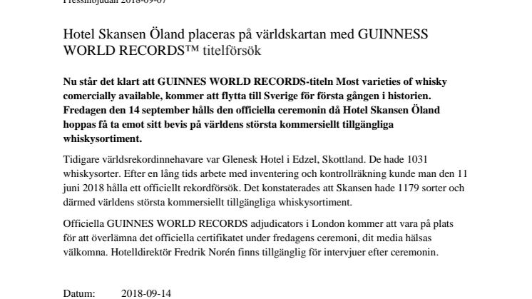 Hotel Skansen Öland placeras på världskartan med GUINNESS WORLD RECORDS™ 