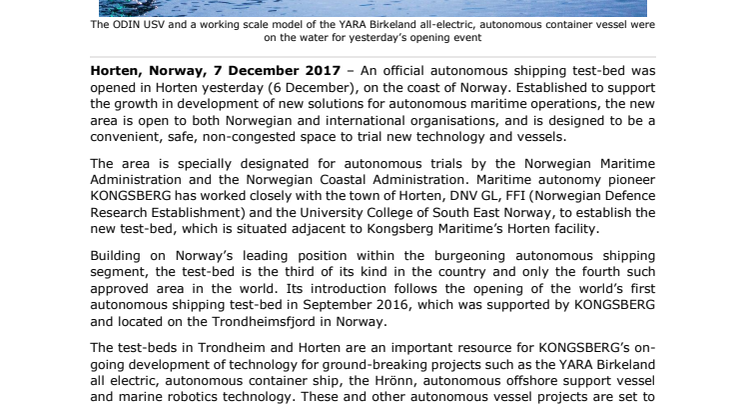 Kongsberg Maritime: New Norwegian Autonomous Shipping Test-Bed Opens