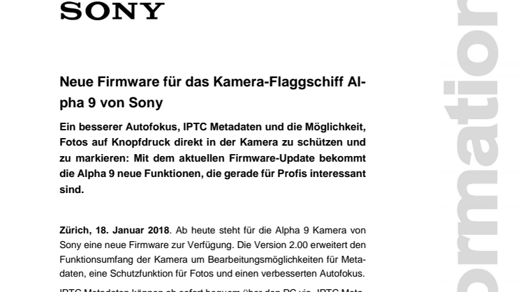 Neue Firmware für das Kamera-Flaggschiff Alpha 9 von Sony