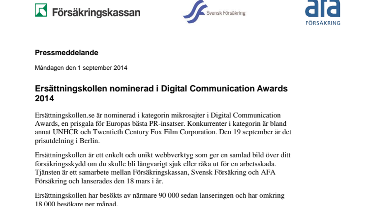 Ersättningskollen nominerad i Digital Communication Awards 2014 