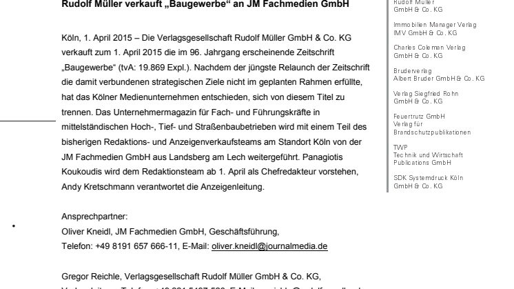 Rudolf Müller verkauft „Baugewerbe“ an JM Fachmedien GmbH