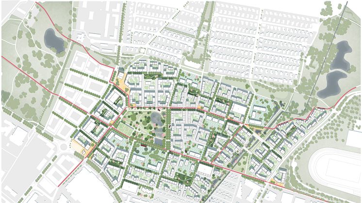 Den nya stadsdelen knyts närmare omkringliggande områden med starka stråk och mycket grönska. 