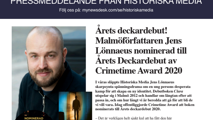 Årets deckardebut!? Malmöförfattaren Jens Lönnaeus nominerad till Årets deckardebut av Crimetime Award 