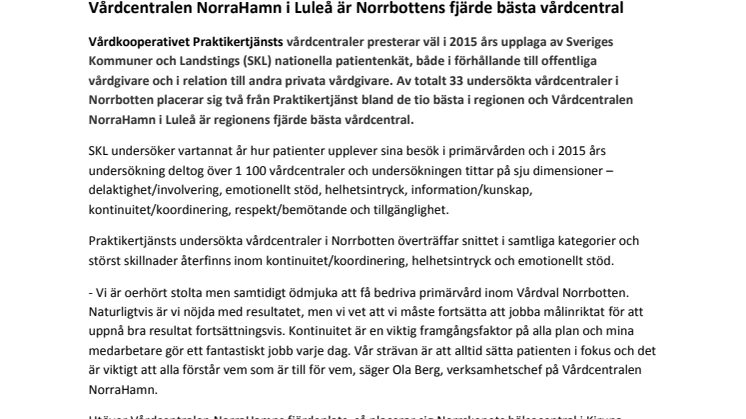 Vårdcentralen NorraHamn i Luleå är Norrbottens fjärde bästa vårdcentral