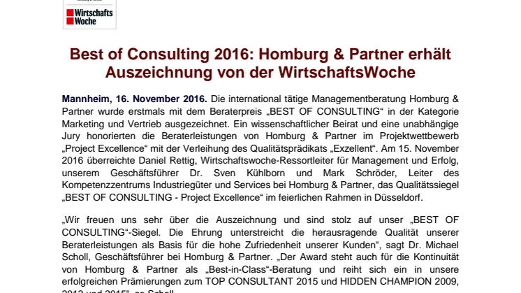 Best of Consulting 2016: Homburg & Partner erhält Auszeichnung von der WirtschaftsWoche