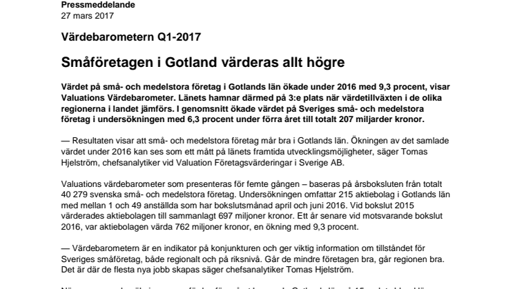 Värdebarometern Q1-2017 Gotlands Län