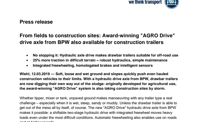 From fields to construction sites: Award-winning "AGRO Drive" drive axle from BPW also available for construction trailers
