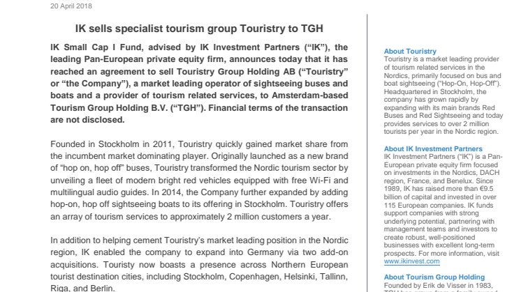 IK sells specialist tourism group Touristry to TGH