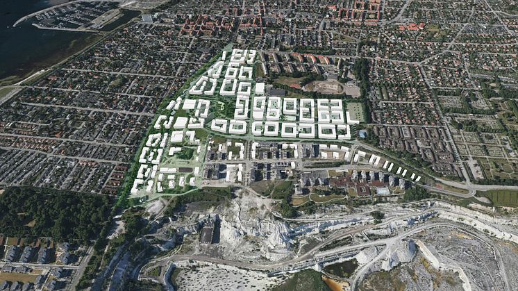 Ett första skissförslag på hur Limhamns nya stadsdel skulle kunna se ut med ny gatu- och kvartersstruktur, visualisering Malmö stadsbyggnadskontor