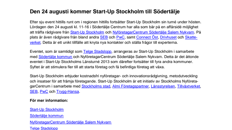 Den 24 augusti kommer Start-Up Stockholm till Södertälje